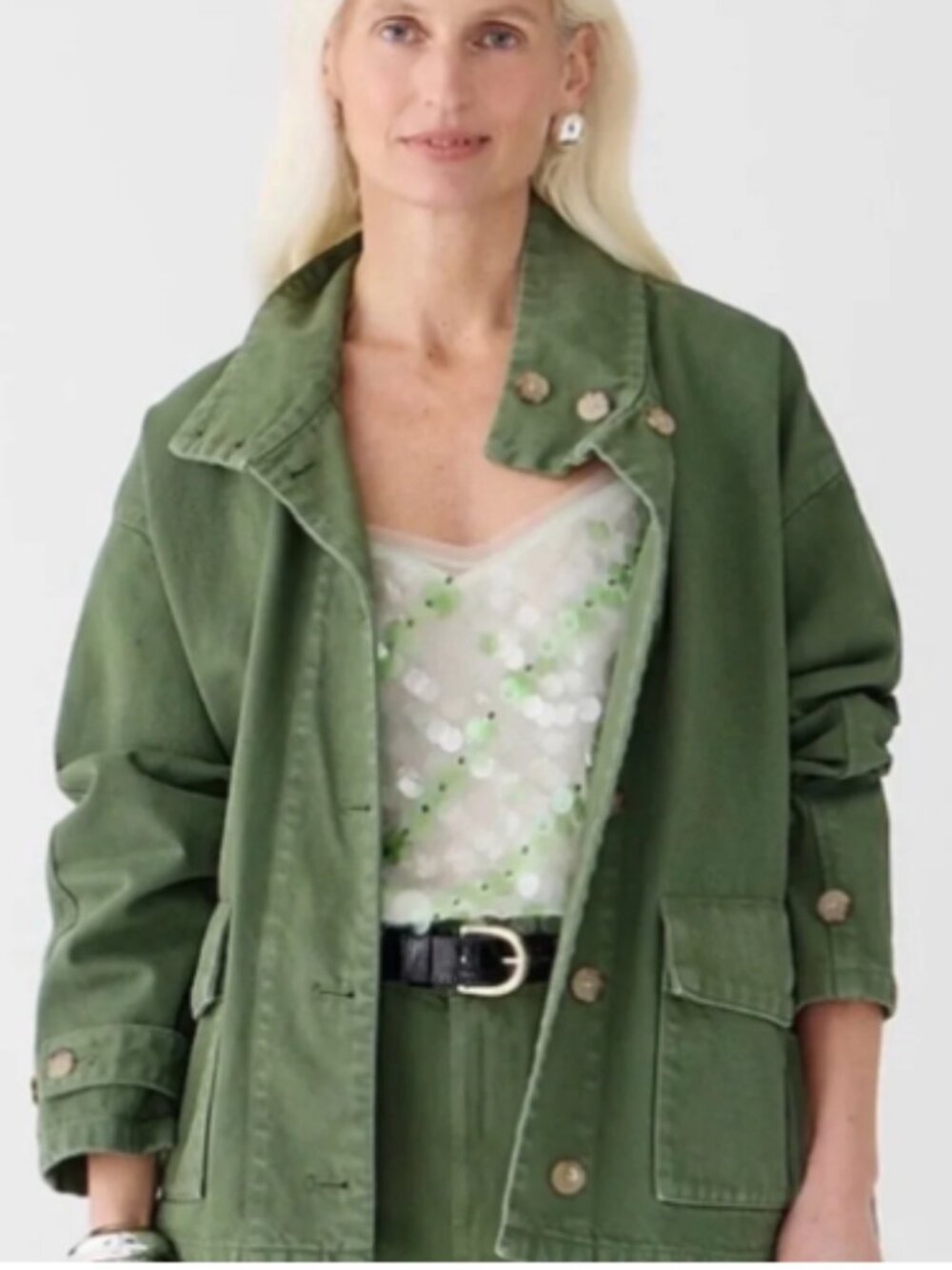 J Crew Funnel-neck Field Jacket in Heavyweight Twill, Green, XL